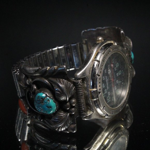 FANTASTIC STERLING SILVER NAVAJO MARKED W TURQUOISE CORAL WATCH TIPS - Picture 3 of 5